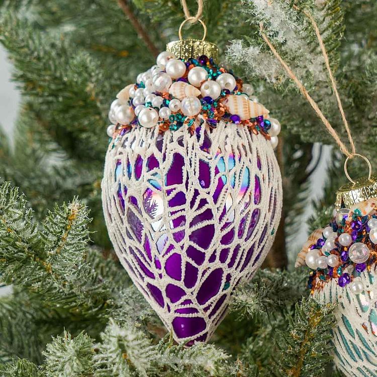 Набор из двух стеклянных ёлочных игрушек с ракушками Set Of 2 Glass Shell Net Ball Blue Purple 12 cm