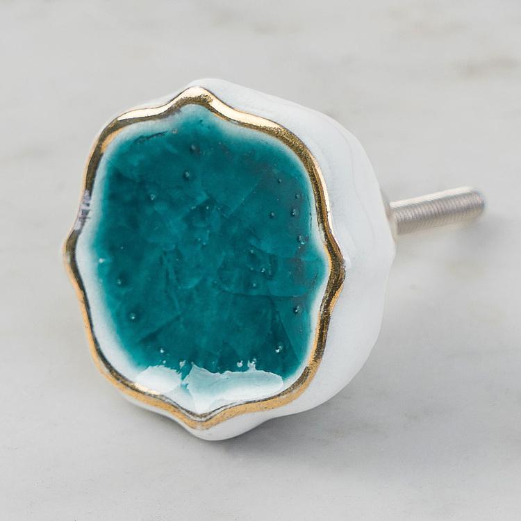 Керамическая мебельная ручка с кракелюром Четырёхлистник синий Cracked Glass Quatrefoil Gold Ceramic Knob Blue