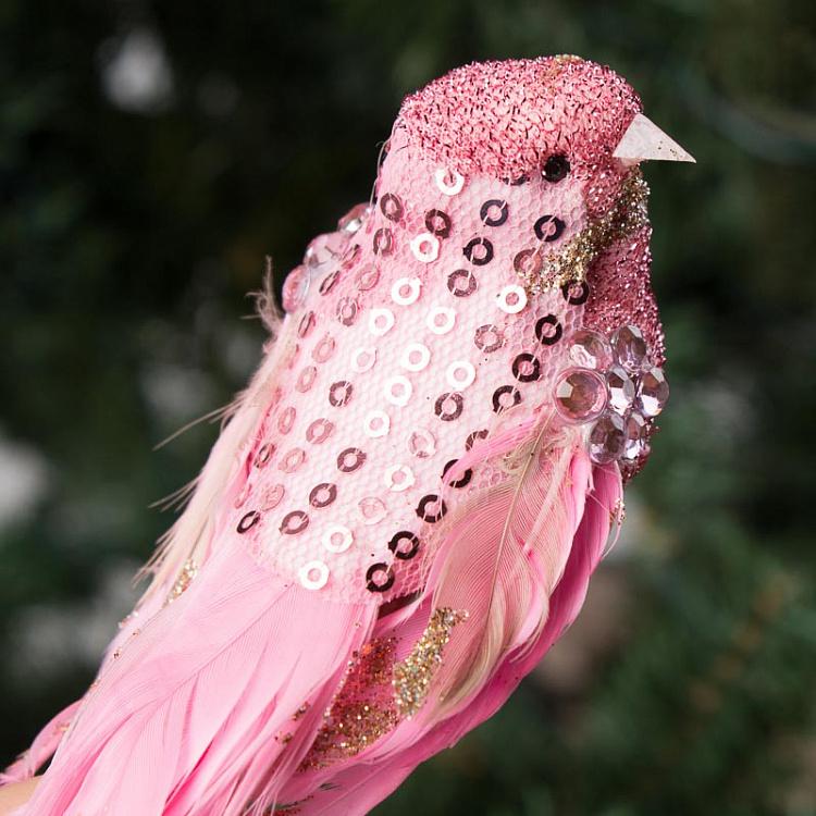 Набор из трёх ёлочных игрушек Розовые птички на прищепке Set Of 3 Jewel Sequin Birds On Clip Pink 18 cm