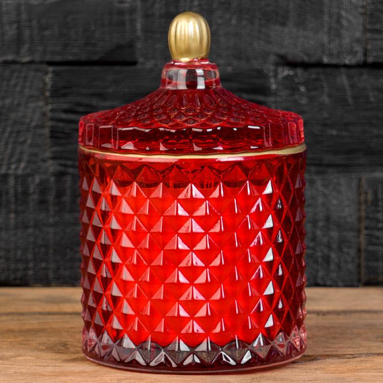 Аромасвеча в красном фасетном стакане Фиолетоволистная роза, S Aroma Candle In Red Faceted Glass Berry Rose Small