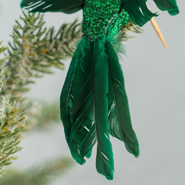 Набор из двух ёлочных игрушек на клипсе Колибри зелёная и синяя Set Of 2 Plume Fly Hummingbirds On Clip Green Blue 13 cm