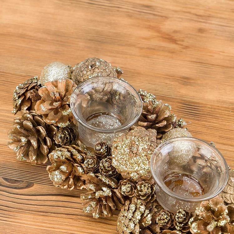 Подсвечник на три свечи с золотыми шишками 3 Votives Holder With Pinecones Gold
