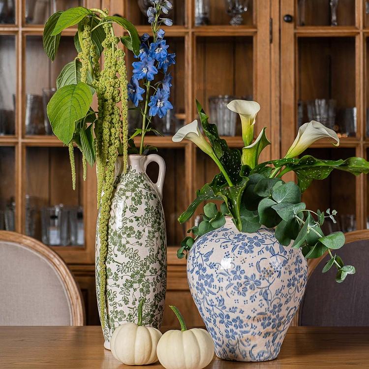 Ваза с узором из зелёных цветов и ручками высокая Flower Vase Tall Green