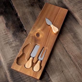 Set Of 4 Planche A Fromage En Acacia Et Acier Inoxydable Avec Couteaux/Fourchette