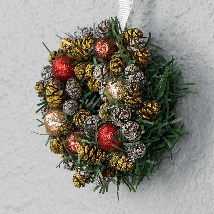 Новогодний венок с шишками и перламутровыми шарами 3, XS Wreath Bagel 3 Extra Small