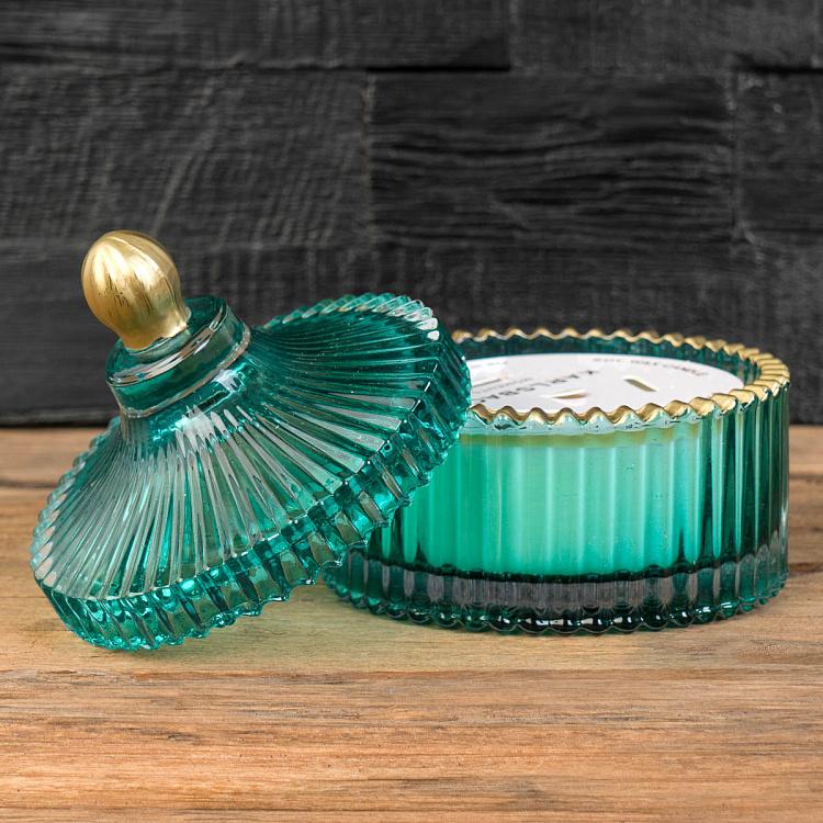 Аромасвеча в мятном рифлёном стакане Белый жасмин, S Aroma Candle In Mint Striped Glass White Jasmine Small