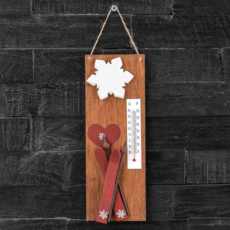 Настенный деревянный термометр с лыжами и снежинками Wooden Thermometer With Ski And Snowflakes 24 cm