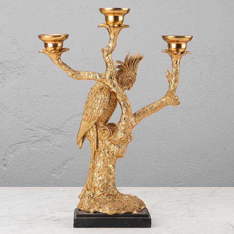 Золотой подсвечник на три свечи Попугай на ветке Golden Candle Holder Parrot On Branch