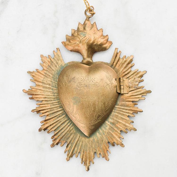 Золотое с патиной подвесное украшение-шкатулка Сердце Hanging Ex Voto Heart Box Gold Verdigris 13 cm