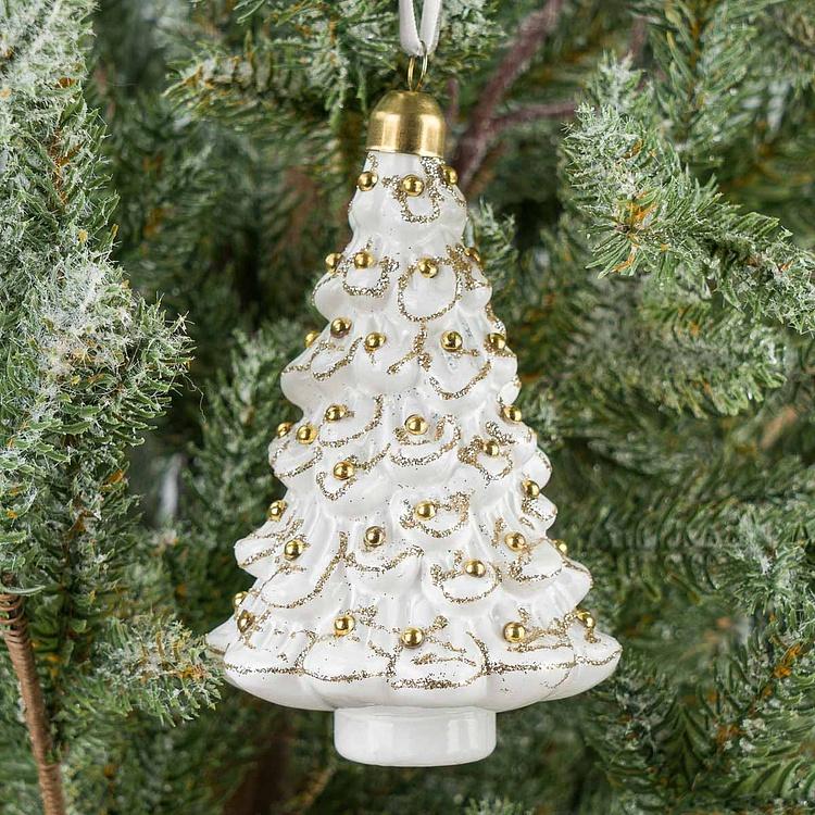 Ёлочная игрушка Белая ёлочка с золотыми бусинами Gold Beads Christmas Tree Ball White 12 cm