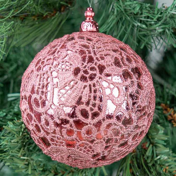 Розовый ёлочный шар с кружевом, M Lace Ball Pink 10 cm