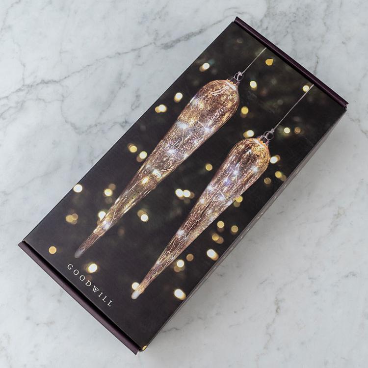 Набор из двух ёлочных светодиодных подвесок Антик Set Of 2 Glass Led Light Antique Drop Box Champagne Battery Operated 30 cm