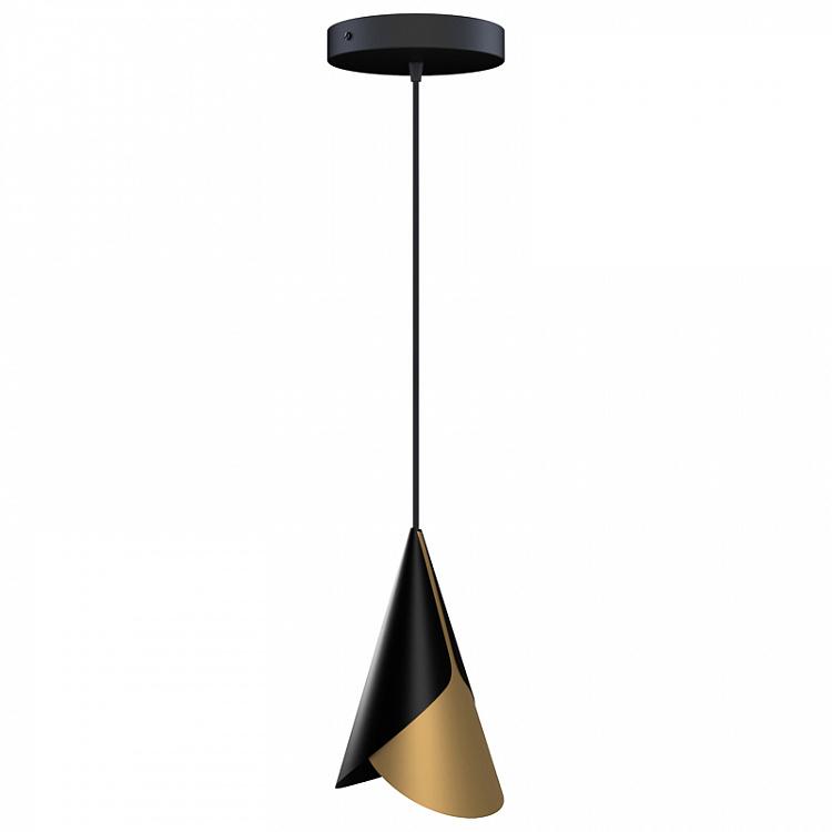 Чёрно-латунный подвесной светильник Рожок на чёрном проводе с плоским потолочным колпаком Cornet Black Brass With Black Cord Rosette