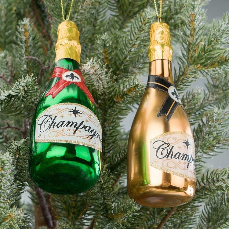 Набор из двух ёлочных игрушек Бутылки шампанского золотая и зелёная Set Of 2 Glass Champagne Bottles Gold Green 14 cm