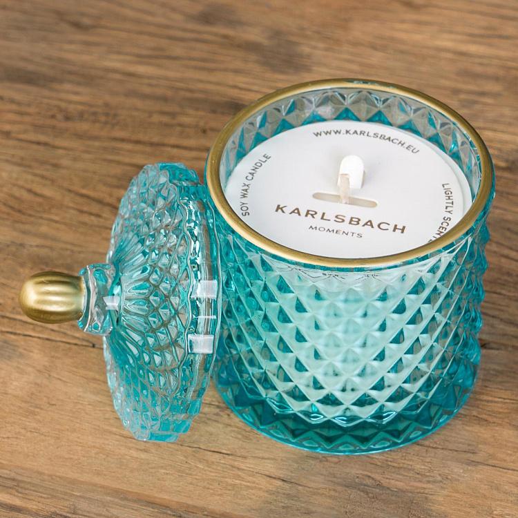 Аромасвеча в голубом фасетном стакане Огурец, S Aroma Candle In Blue Faceted Glass Cucumber Small