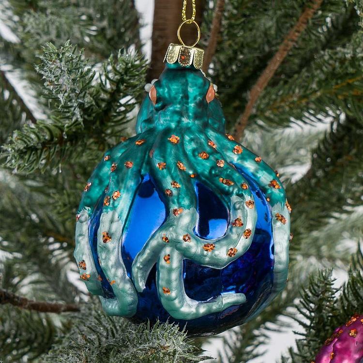 Набор из двух ёлочных игрушек Осьминоги на шарах Set Of 2 Glass Octopus On Ball Blue Pink 10,5 cm