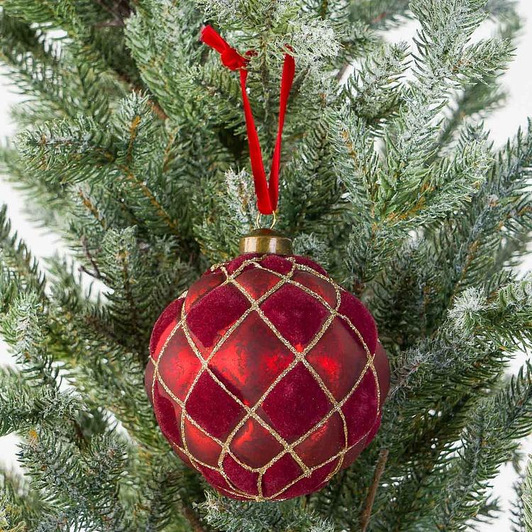 Ёлочная игрушка Бордовый шар с бархатными клетками Velvet Ball Burgundy 10 cm