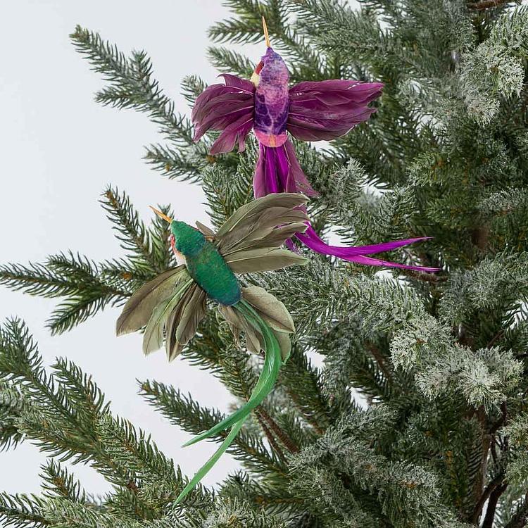 Набор из двух ёлочных игрушек на клипсе Колибри зелёная и фиолетовая Set Of 2 Plume Fly Hummingbirds On Clip Green Purple 18 cm
