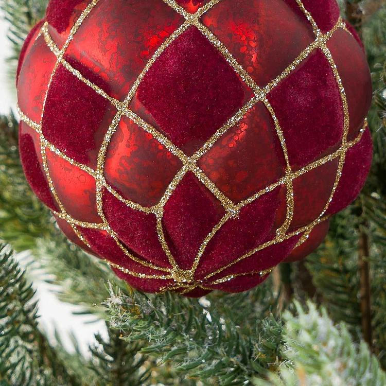 Ёлочная игрушка Бордовый шар с бархатными клетками Velvet Ball Burgundy 10 cm