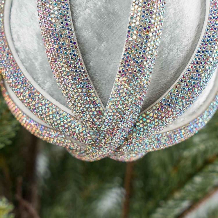 Ёлочная игрушка Серебряный шар с полосами из страз Silver Rhinestones Velvet Ball Blue 10 cm