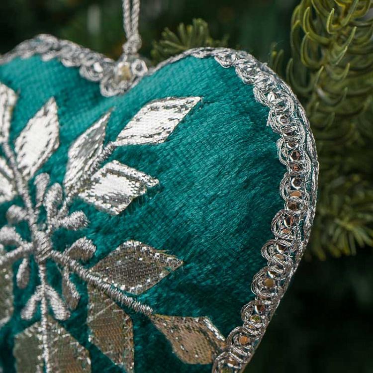 Ёлочная игрушка Бирюзовое сердце с серебряным орнаментом Heart With Silver Pattern Turquoise 12 cm