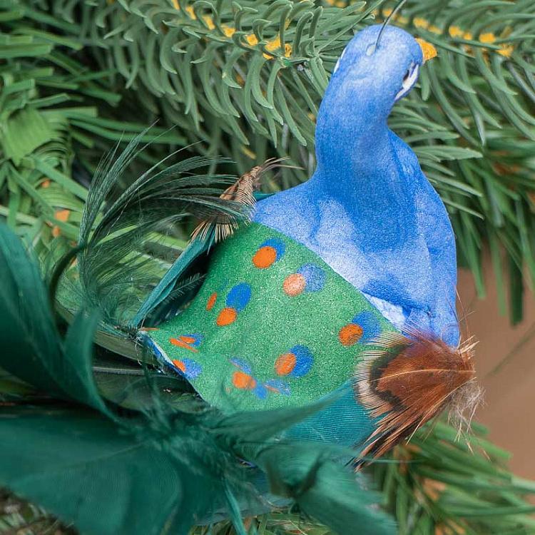 Ёлочная игрушка Павлин на прищепке Feather Open Tail Peacock On Clip Green/Blue 25,5 cm
