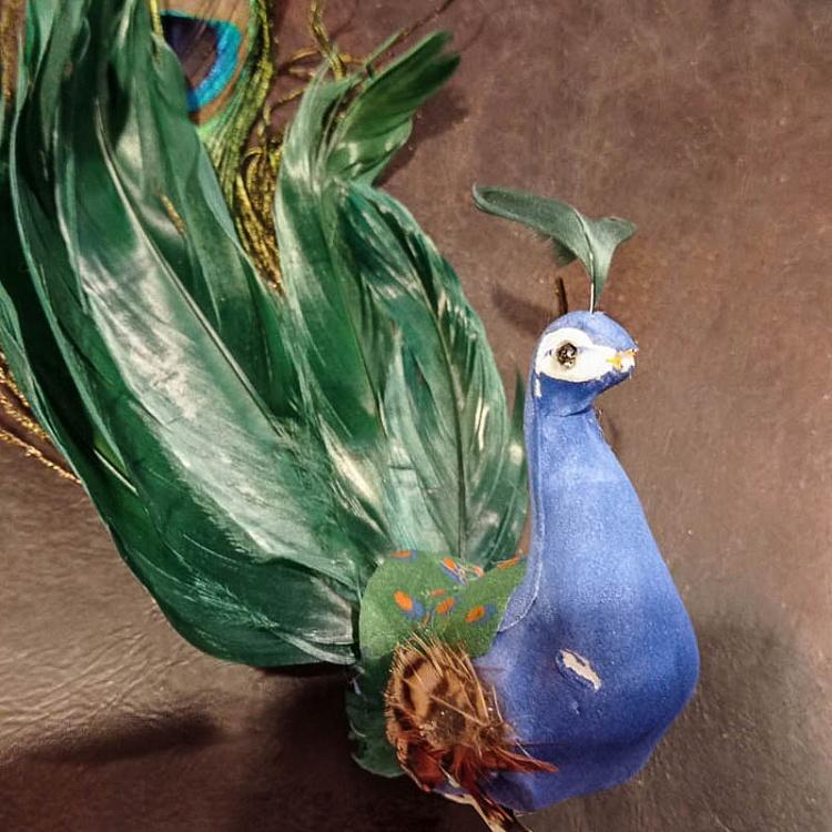 Ёлочная игрушка Павлин на прищепке дисконт1 Feather Open Tail Peacock On Clip Green/Blue 25,5 cm discount1