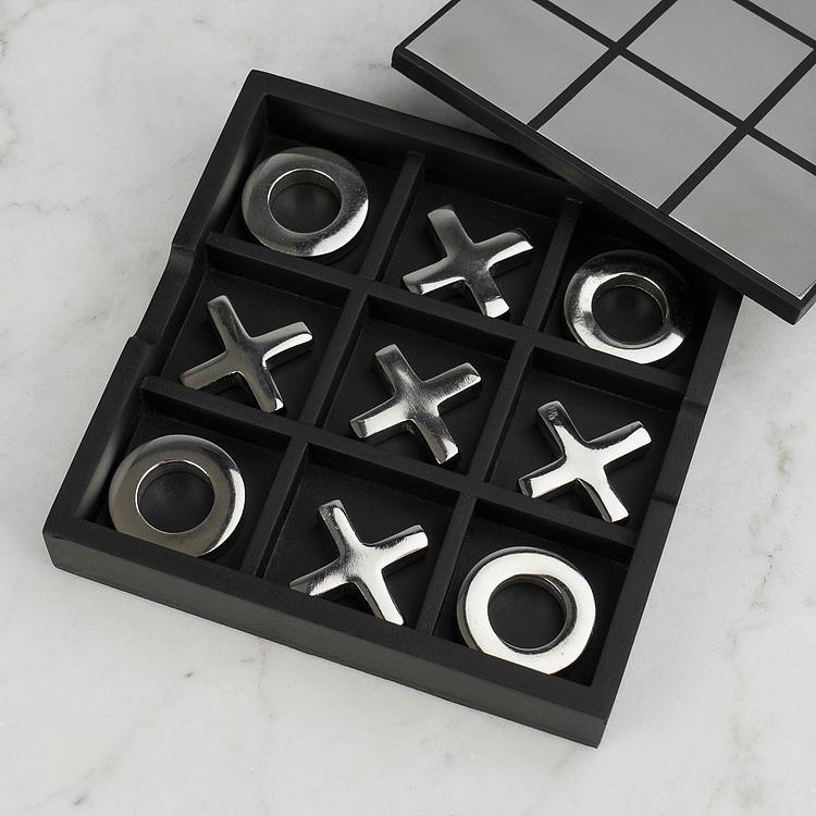 Настольная игра Металлические крестики-нолики в деревянной шкатулке Tic Tac Toe Box Shiny Steel