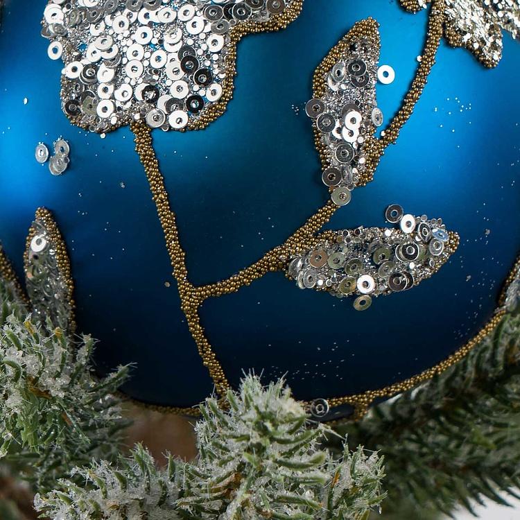 Набор из двух синих ёлочных шаров с серебряными цветами Set Of 2 Glass Sequence Flower Ball Blue Silver 10 cm