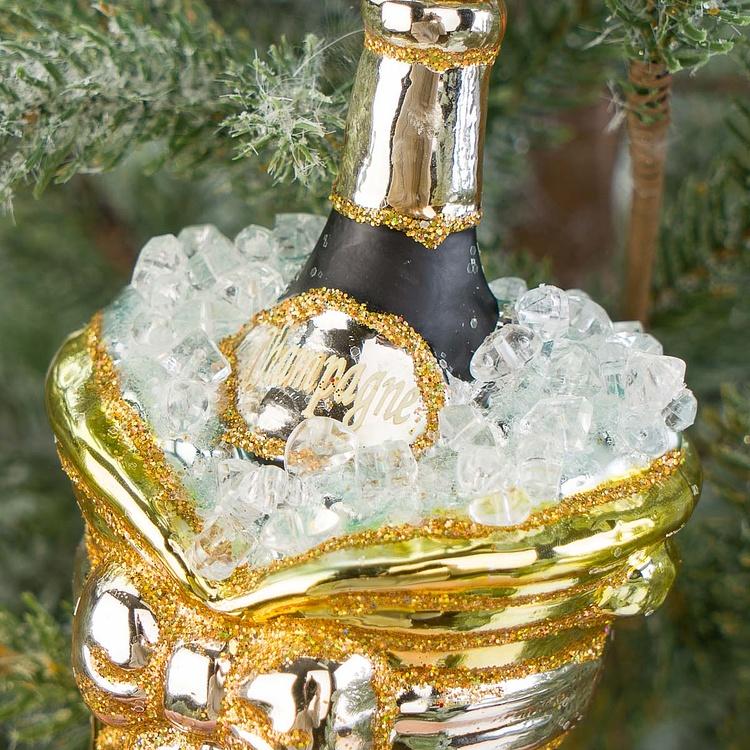 Набор из двух ёлочных игрушек Бутылки шампанского в вёдрах для льда Set Of 2 Glass Champagne Bottles In Buckets Gold 13 cm