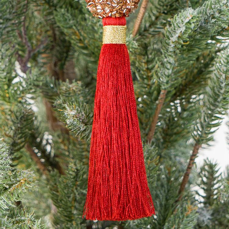 Новогодняя подвеска Красная кисточка с шаром из бисера Bead Ball Pendant With Red Tassel 16 cm