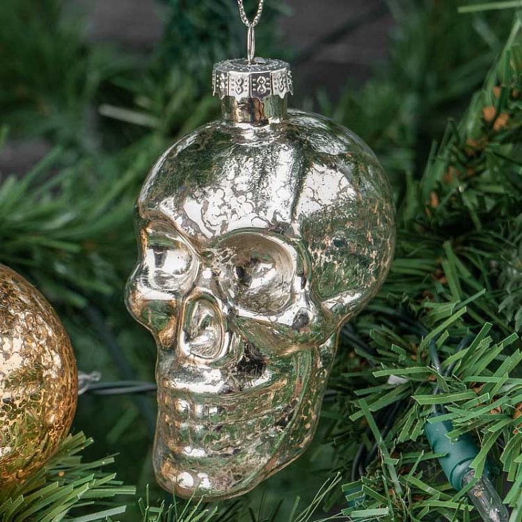 Набор из двух ёлочных игрушек Черепа цвета винтажного золота и шампань Set Of 2 Glass Antic Skull Gold/Champagne 9 cm
