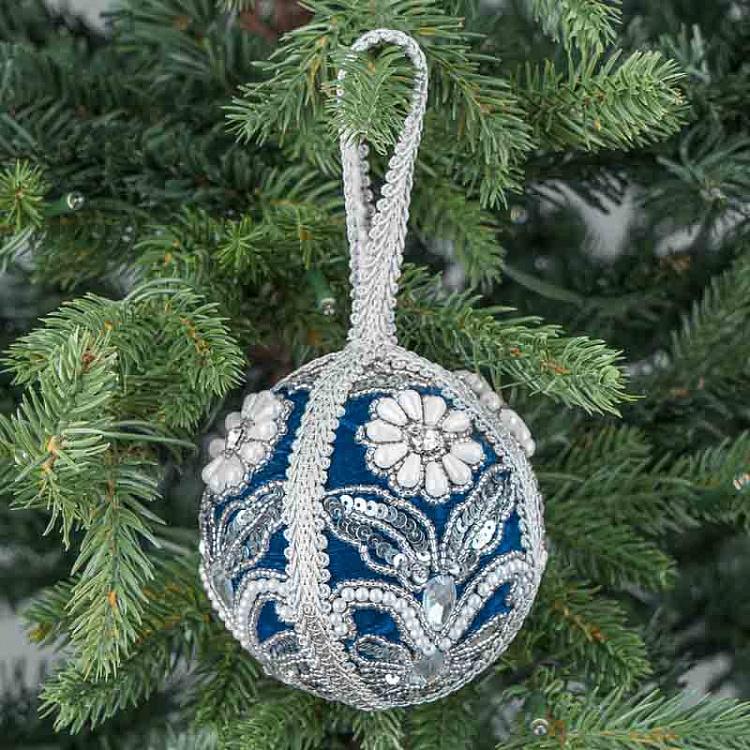 Ёлочный шар Бархатный с пайетками и стразами Silver Sequin Pattern Velvet Ball Blue 10 cm