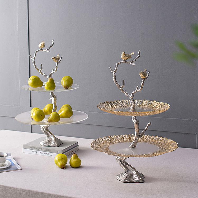 Двухуровневая сервировочная подставка с птицами и золотистым стеклом Atelier 2 Tier Plates Gold