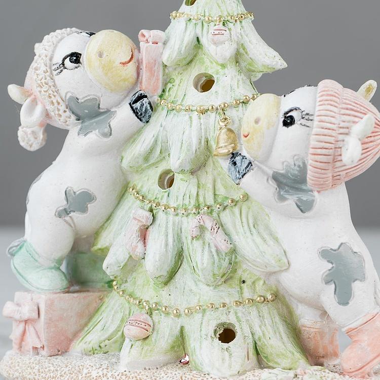 Новогодняя фигурка с подсветкой Бычки и ёлочка Calves With Christmas Tree 14 cm