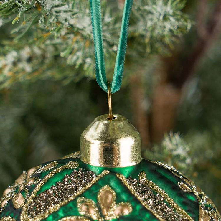 Ёлочная игрушка Зелёный многогранный шар с золотыми цветами, S Golden Flowers Multifaceted Ball Green 8 cm