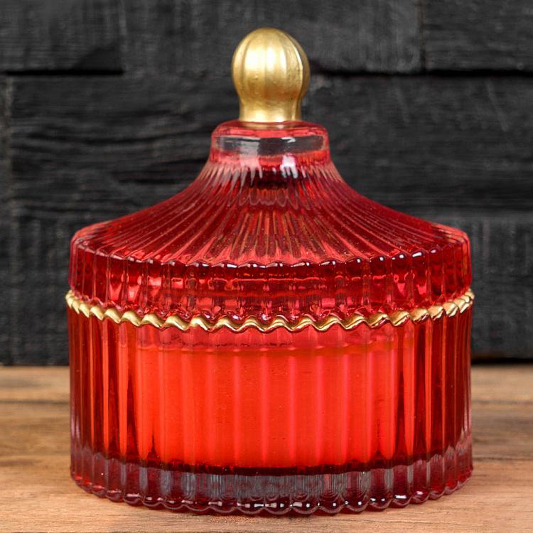Аромасвеча в красном рифлёном стакане Фиолетоволистная роза, S Aroma Candle In Red Striped Glass Berry Rose Small