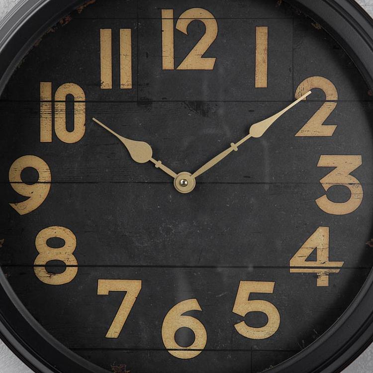 Чёрные настенные часы с деревянным циферблатом Black Clock With Wood Face