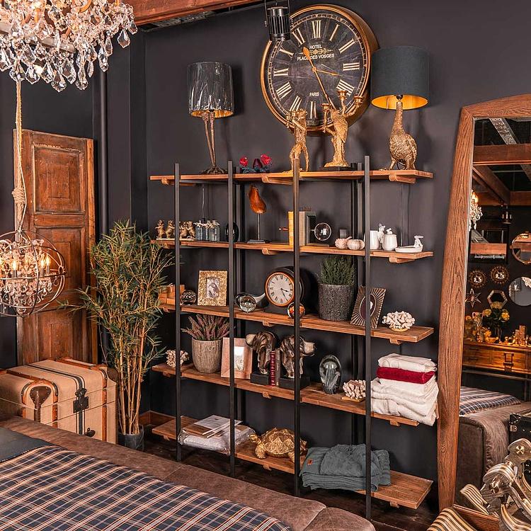 Широкий стеллаж на пять полок из дерева манго Тропики Wooden And Metal Rack With 5 Levels Easy