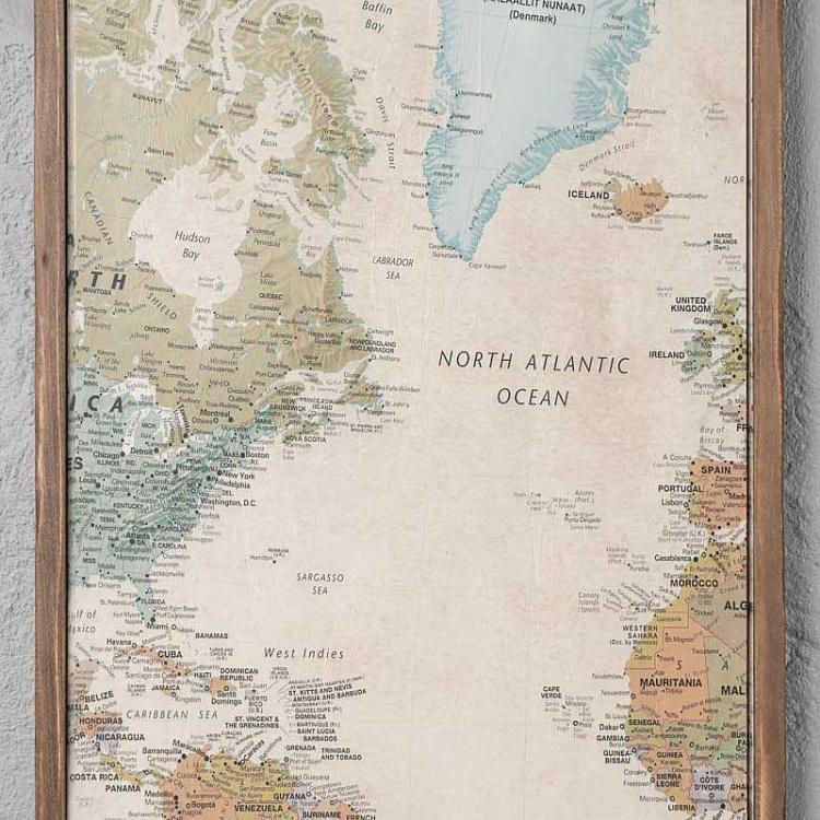 Винтажная картина-принт из четырёх частей Карта мира Set Of 4 Panels Wood Vintage Worldmap