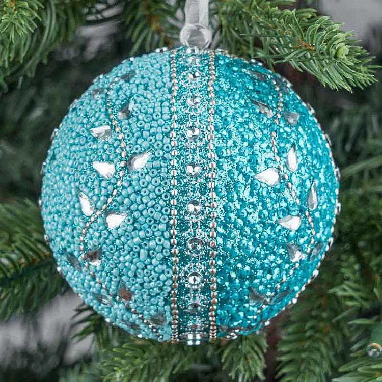Ёлочная игрушка Голубой шар с орнаментом из бисера Bead Ornament Ball Blue 9 cm