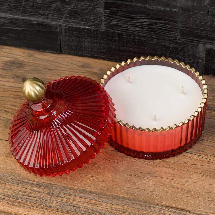 Аромасвеча в красном рифлёном стакане Фиолетоволистная роза, L Aroma Candle In Red Striped Glass Berry Rose Large