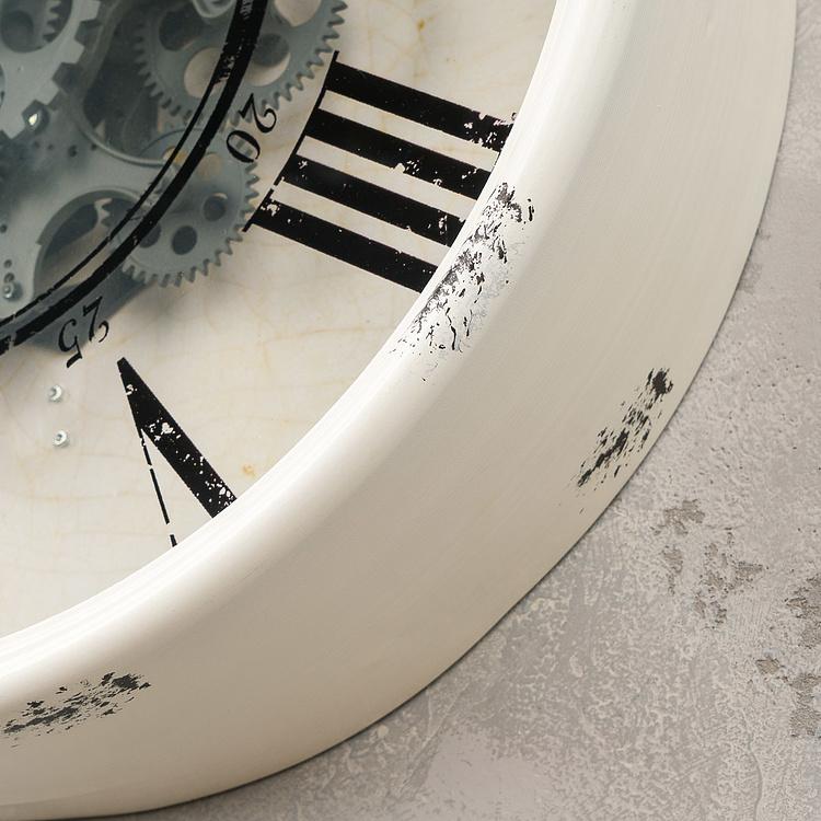 Настенные белые часы с кракелюром и шестерёнками Vintage White Craquelure Wall Clock With Gears