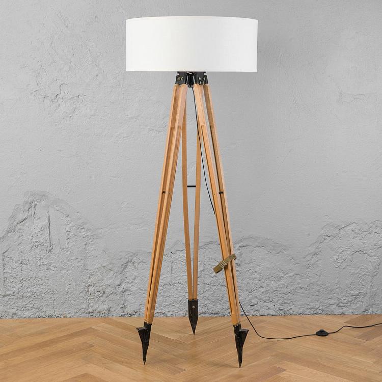 Винтажный торшер с льняным абажуром Оаклайн Симпл на деревянной треноге Vintage Floor Lamp WIth Linen Shade Oakline Simple