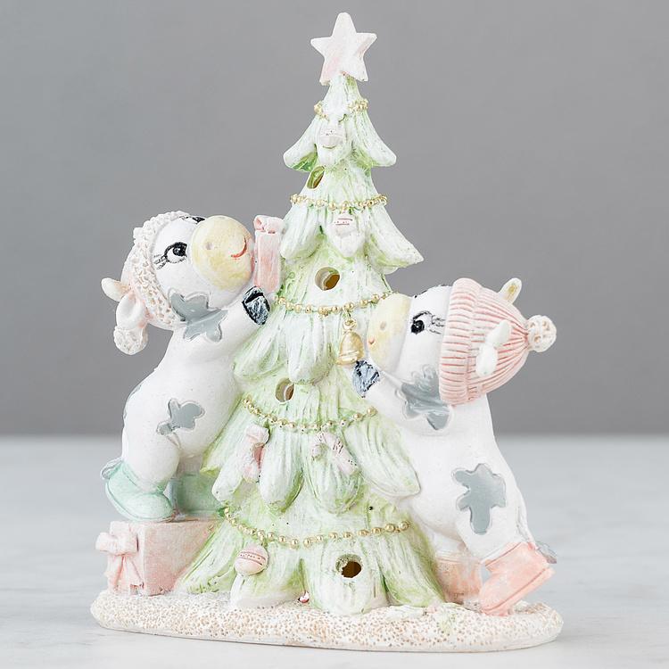 Новогодняя фигурка с подсветкой Бычки и ёлочка Calves With Christmas Tree 14 cm