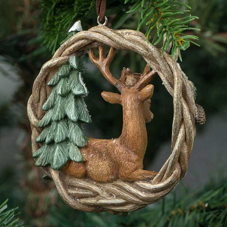 Набор из трёх ёлочных игрушек Олени и лиса в венке Set Of 3 Deers And Fox In Wreath 10 cm