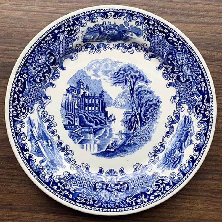 Винтажная тарелка белая с голубым мотивом 20, L Vintage Plate Blue White Large 20