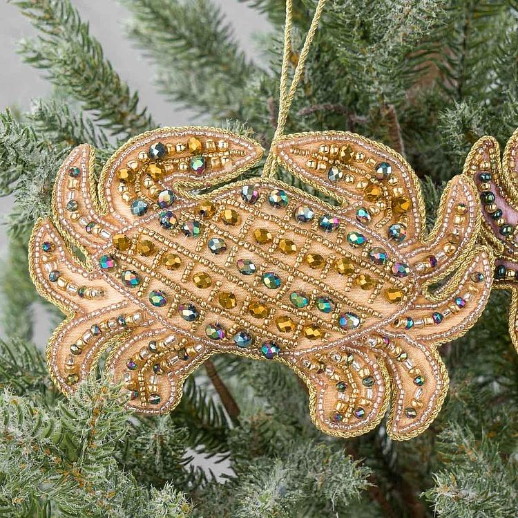 Набор из двух ёлочных игрушек Вышитые бисером крабы Set Of 2 Embroidered Beaded Crabs Purple Gold 16 cm