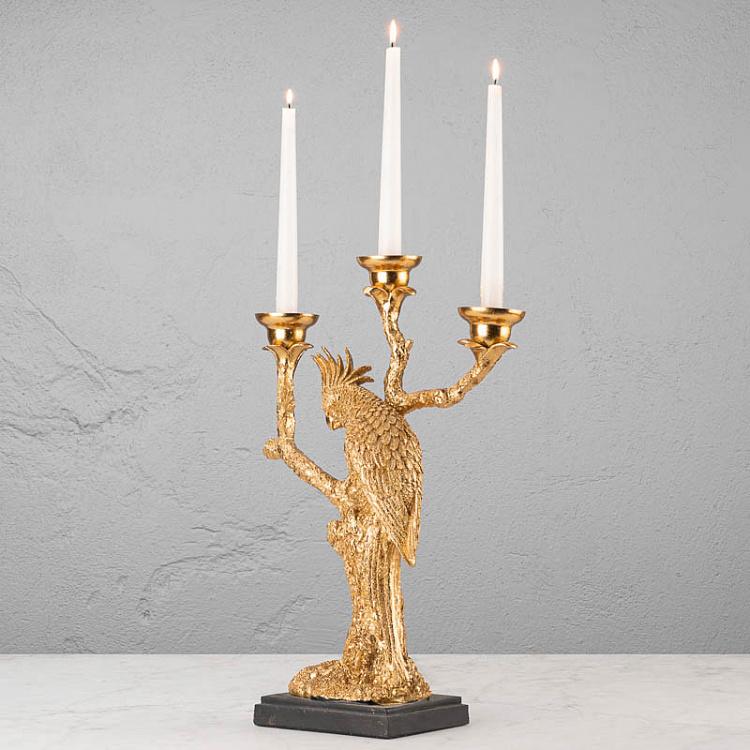 Золотой подсвечник на три свечи Попугай на ветке Golden Candle Holder Parrot On Branch