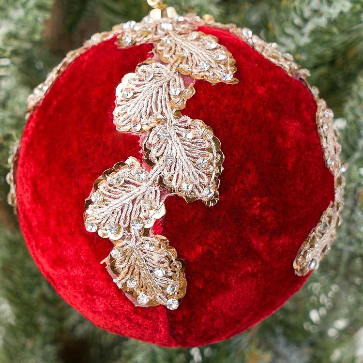 Ёлочная игрушка Красный бархатный шар с золотой аппликацией и бусиной Gold Applique And Bead Velvet Ball Red 15 cm